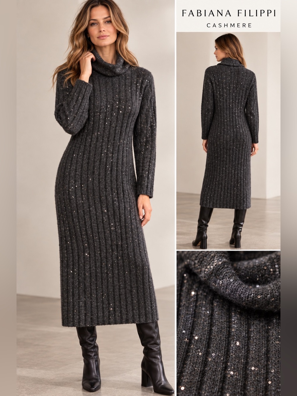 Fabiana Filippi Cashmere Sequin Cashmere Ribbed Maxi Dress in Charcoal Grey